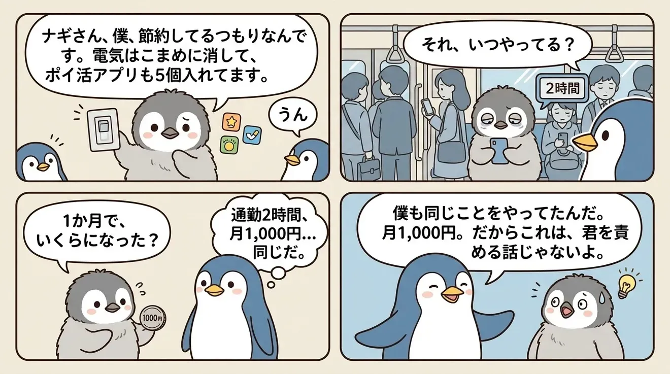 ヒナのペンギンが「電気はこまめに消して、ポイ活アプリも5個入れてます」と話し、通勤電車で2時間スマホを操作している4コマ。1か月の成果は1,000円で、大人のペンギンが「僕も同じことをやってた」と答える