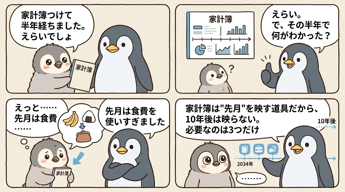 家計簿を半年つけたヒナに、10年後にいくら貯まっているか答えられないことを気づかせる4コマ