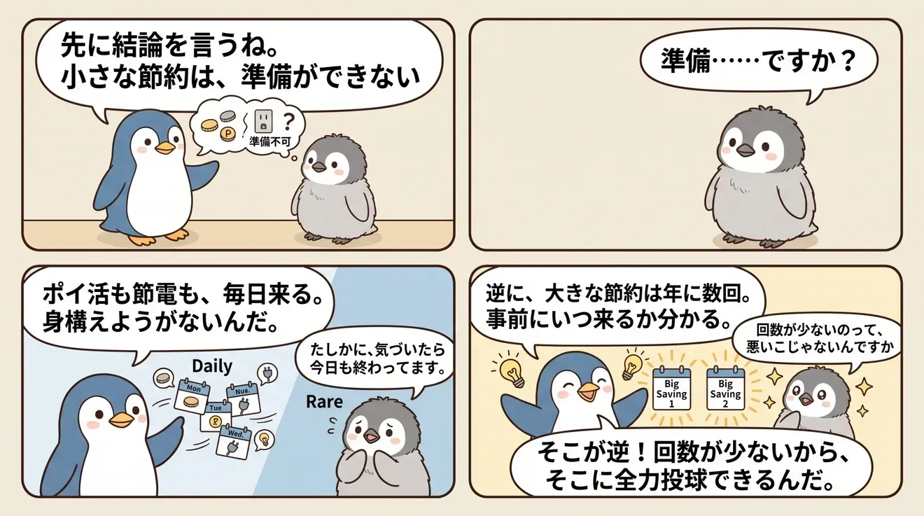 大人のペンギンが「小さな節約は、準備ができない」と結論を先に言い、ポイ活も節電も毎日来るから身構えようがないと説明する4コマ。大きな節約は年に数回だから事前に分かる、回数が少ないからそこに全力を出せる、と続く