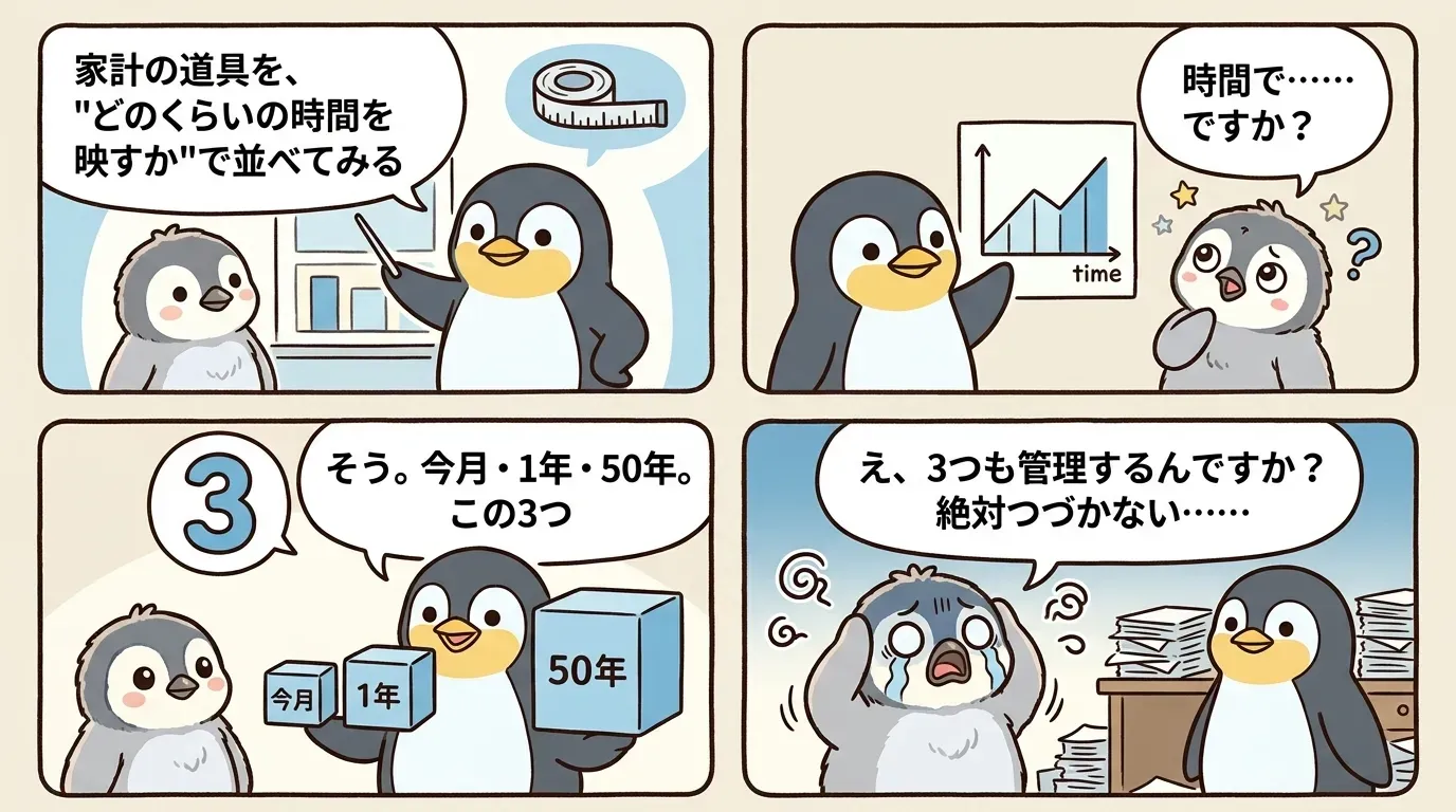 家計の道具を"どのくらいの時間を映すか"で今月・1年・50年の3つの箱に並べる4コマ