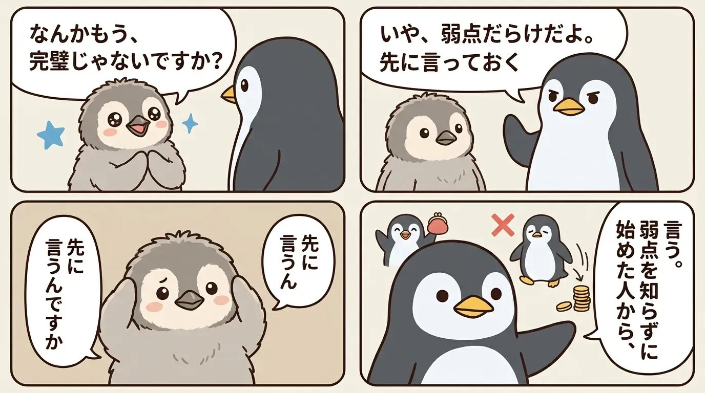 完璧に見える3つの箱にも弱点だらけだと先に伝える4コマ。弱点を知らずに始めた人からやめていく